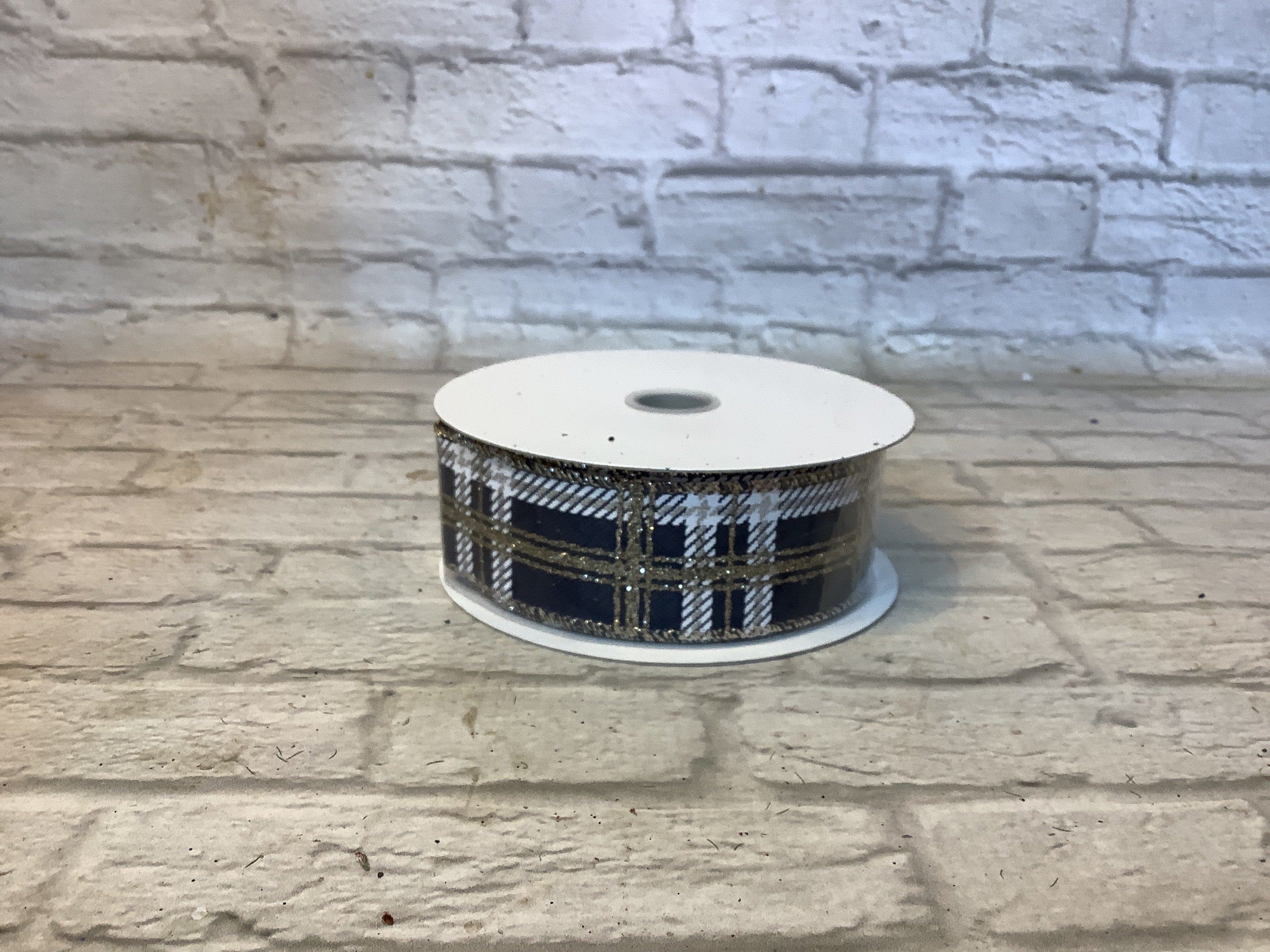 K plaid navy white and gold ribbon