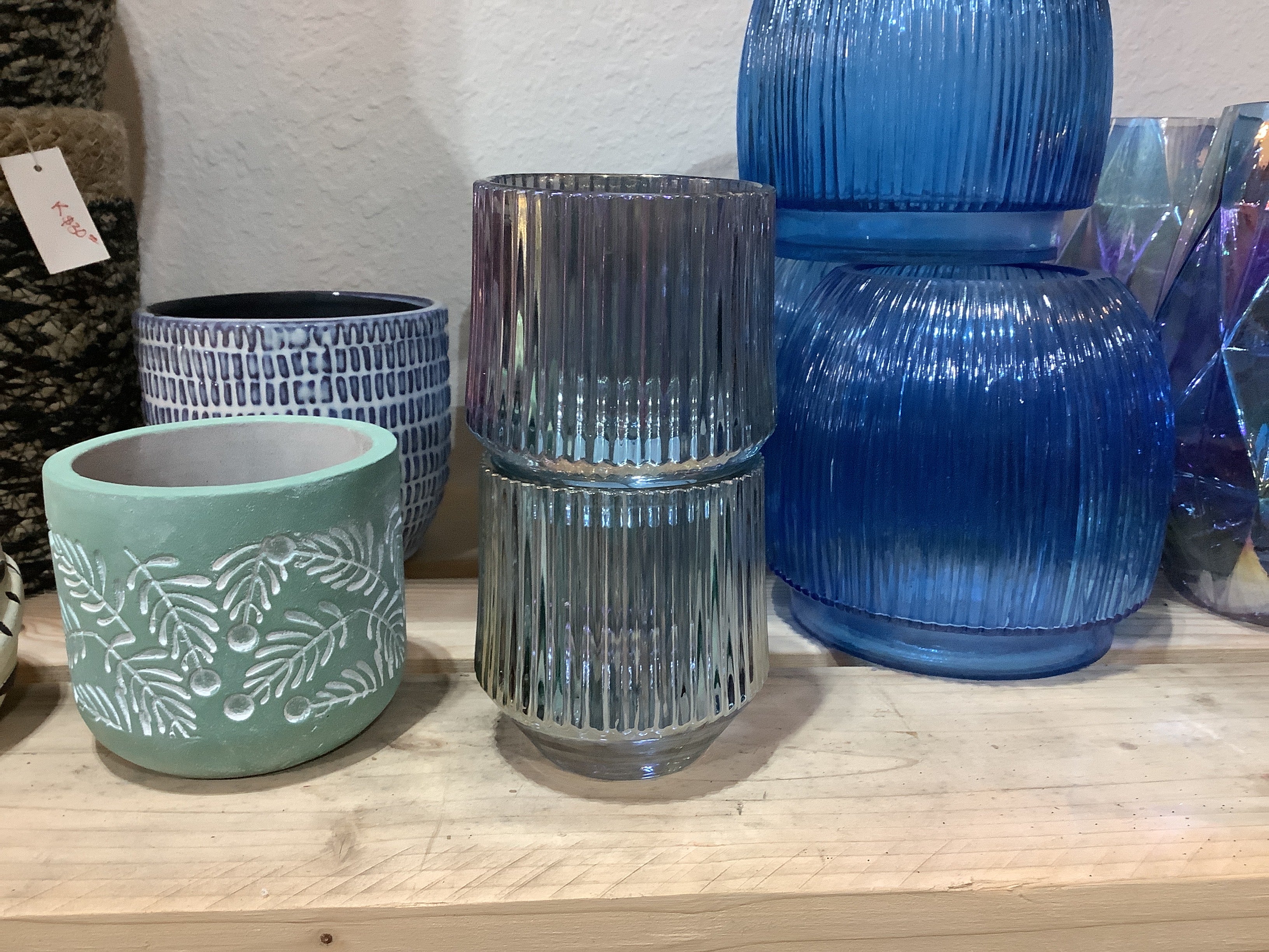 K small blue ribbed vase